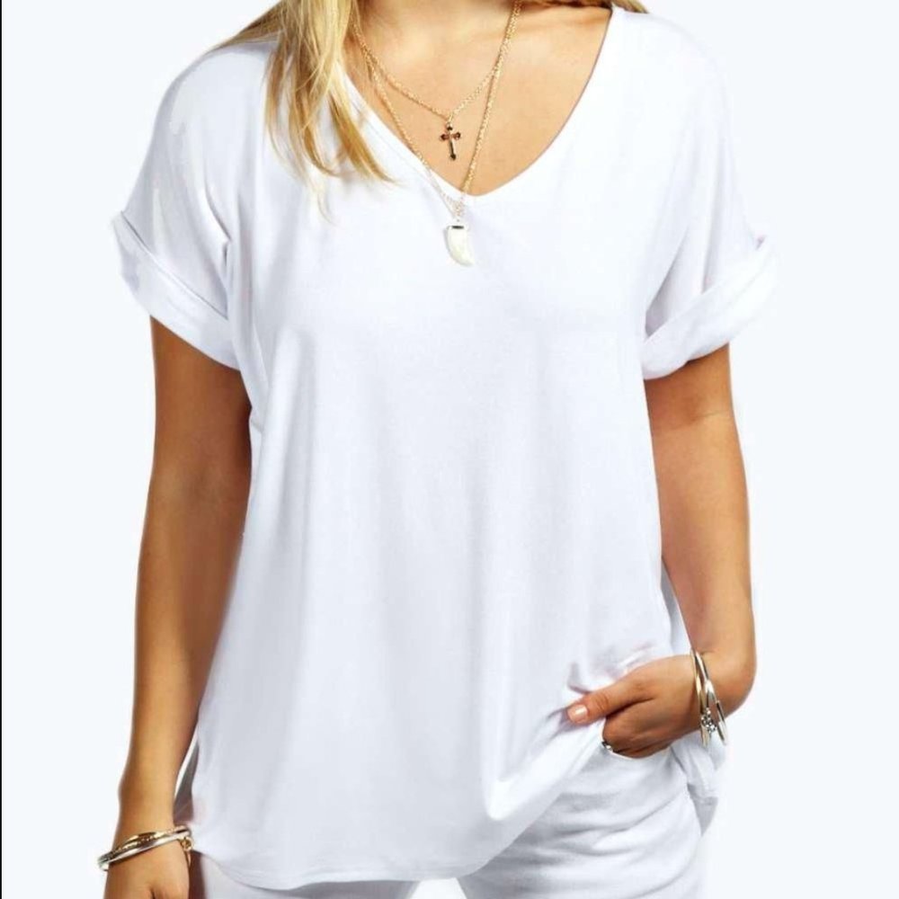 Pale Blue Oversized Vneck Cotton Stretch Tee - S M - Picture 4 of 7